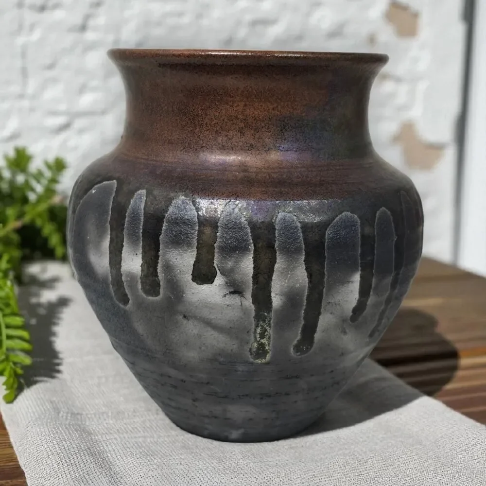 Vintage Raku Style Handmade Ceramic Brown Vase 5” Signed 